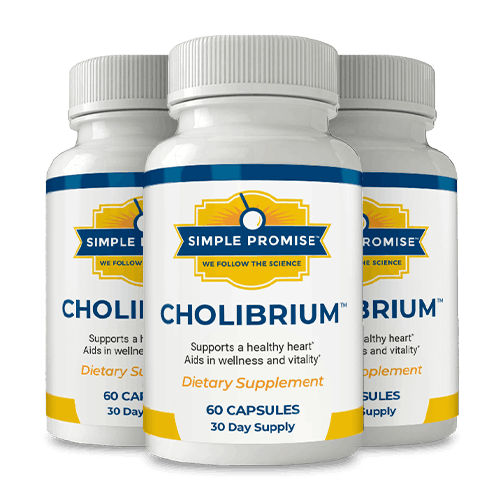 Cholibrium supplement bottle — 10-mushroom heart health formula by Simple Promise